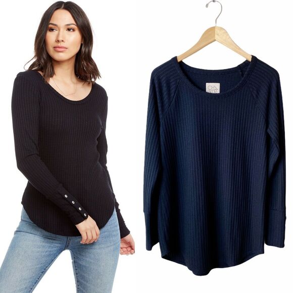 CHASER Black Thermal Waffle Knit Top Button Cuff Long Sleeve Women Large EUC - Picture 1 of 9